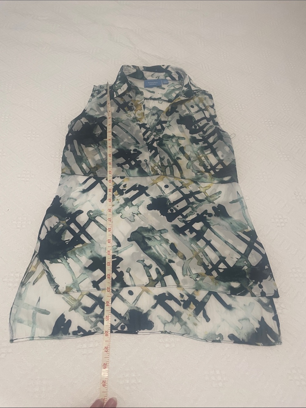 🖤5/$25 Vera wang silky Sleeveless Abstract Print Layered Blouse Blue Green White - Picture 5 of 17
